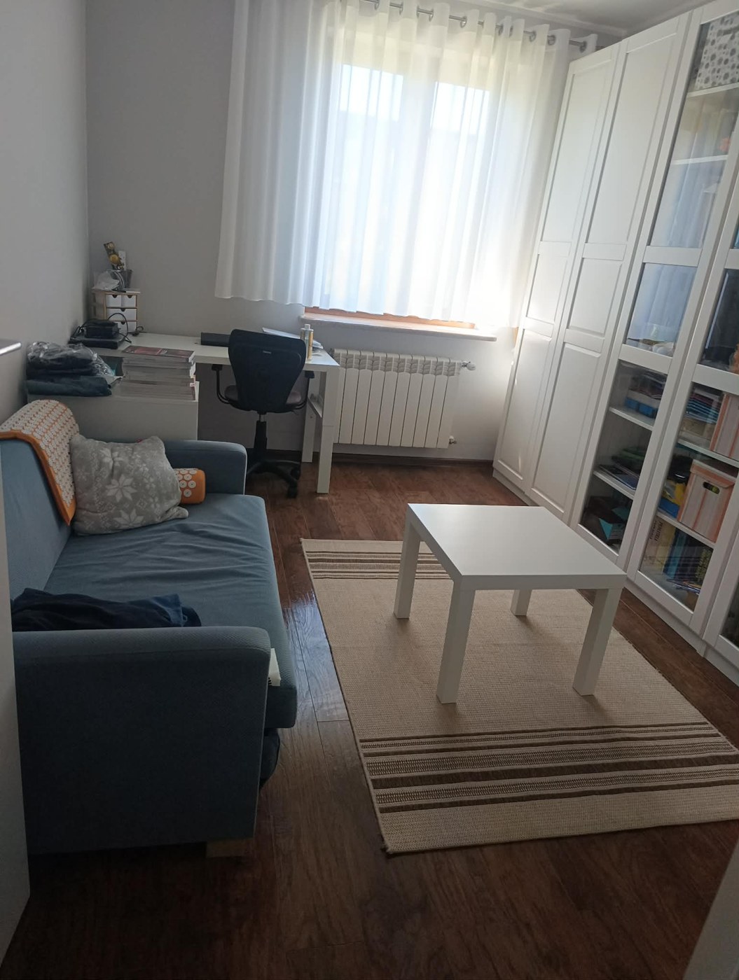 Posprzątany pokój z sofą i dywanem